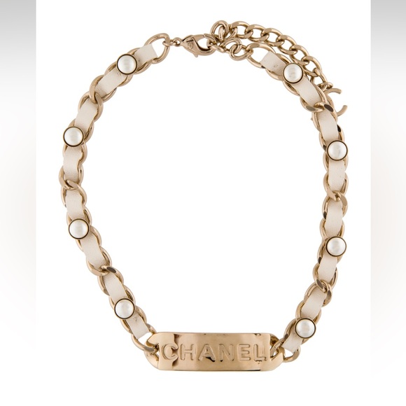 CHANEL Faux Pearl and Leather Woven Name Plate Choker Necklace - Picture 1 of 3